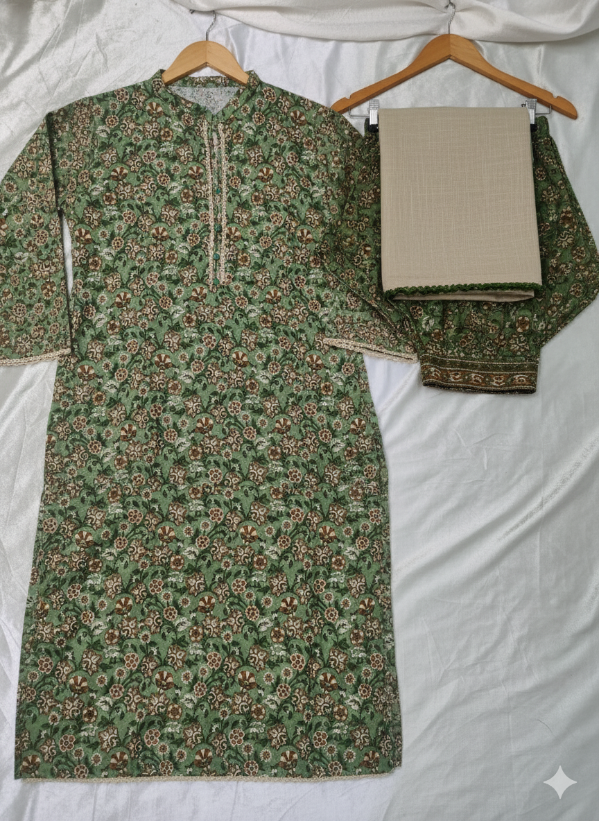 3pcs-khaddar-dress-with-plain-khaddar-dupatta-with-2-sides-green-lace