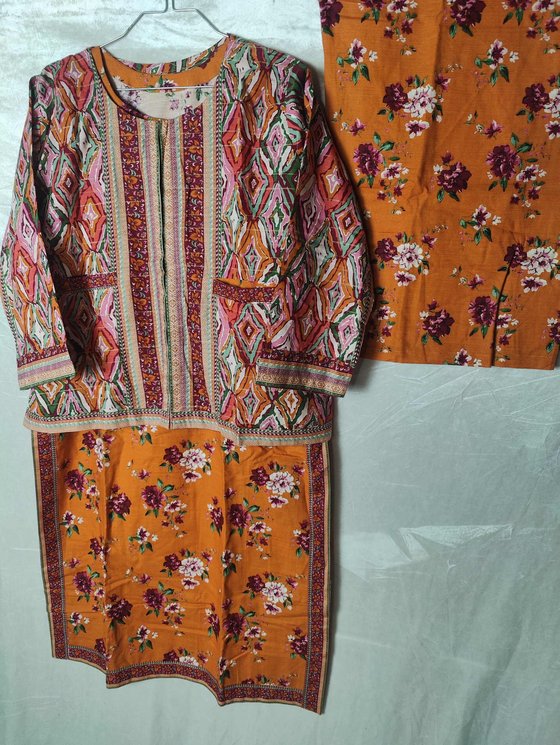 2-Piece Orange Floral Khaddar with Printed Khaddar Cotty